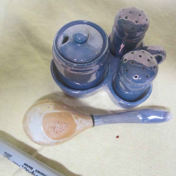 VTG JAPANESE CONDIMENT SET WITH SPOON, BLUE LUSTERWARE - Picture 3 of 5